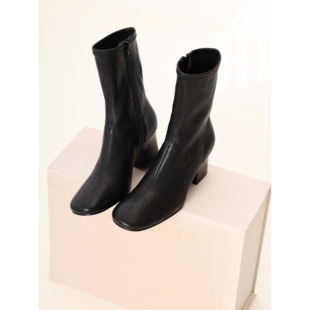 InkingPot彭姐 复古方头粗跟短靴女软糯弹力靴真皮舒适瘦瘦靴女靴