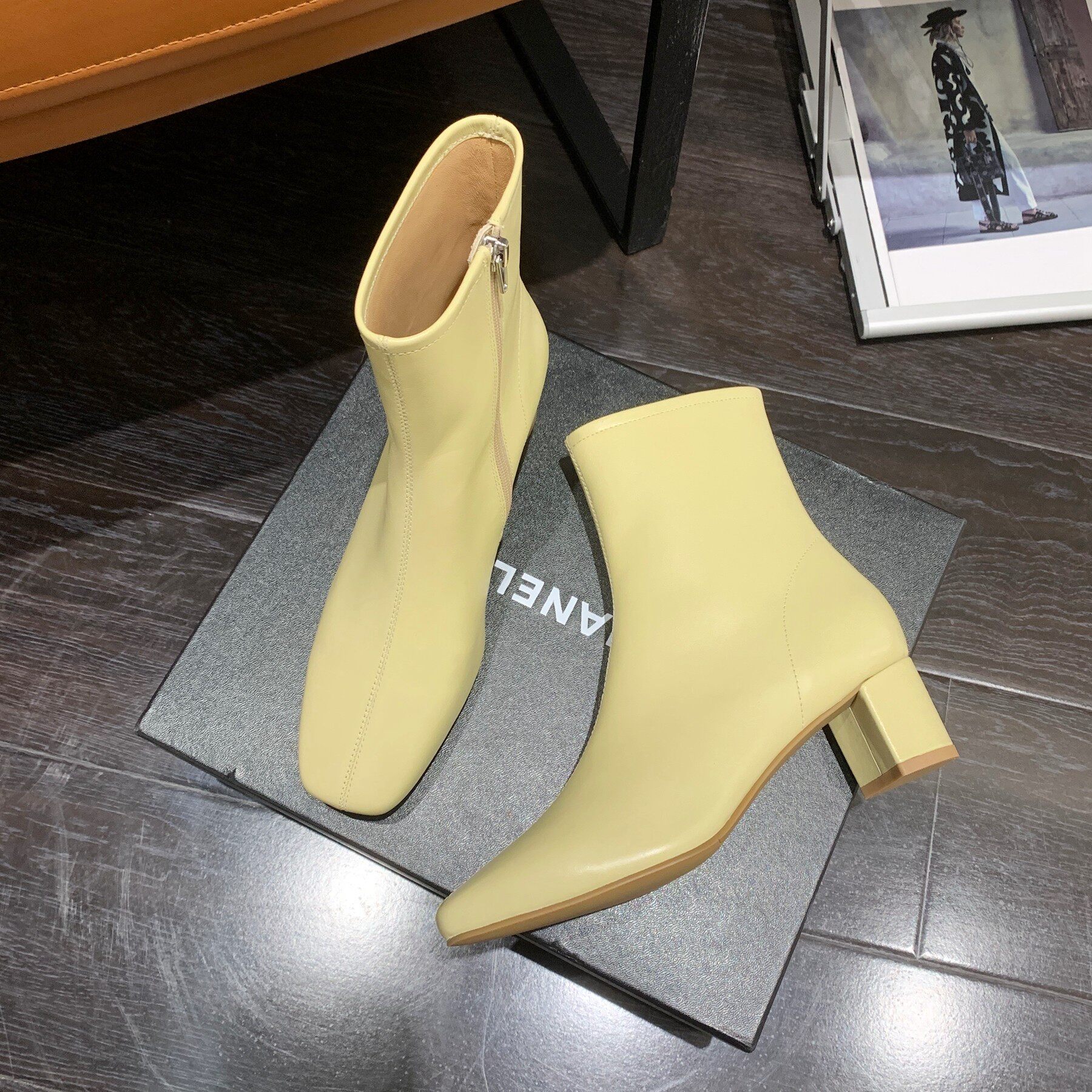 InkingPot彭姐 法式圆头粗跟侧拉链短筒瘦瘦靴简约真皮切尔西靴女