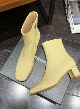 InkingPot彭姐 法式圆头粗跟侧拉链短筒瘦瘦靴简约真皮切尔西靴女