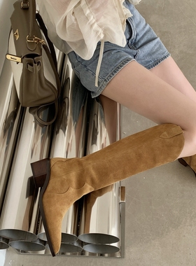 InkingPot彭姐V口显瘦西部牛仔靴女长靴尖头复古英伦风高筒骑士靴