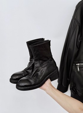 InkingPot彭姐 高端水洗缩纹马皮圆头厚底粗跟后拉链短靴瘦瘦靴女