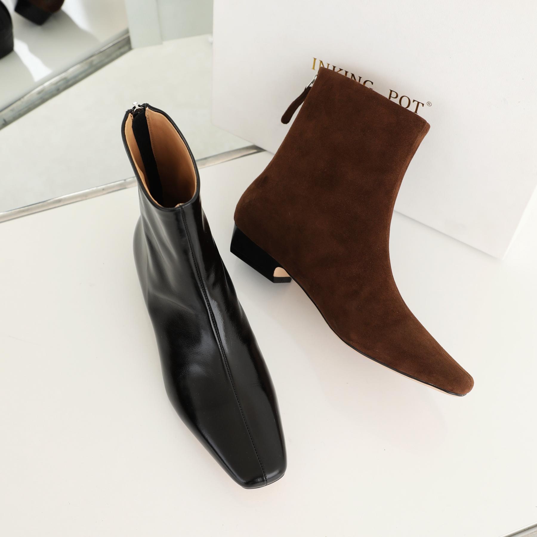 极简老钱风法式方头马皮短靴