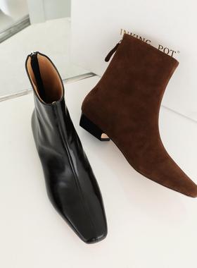 InkingPot彭姐 极简老钱风法式方头短靴马皮及踝靴气质低跟瘦瘦靴
