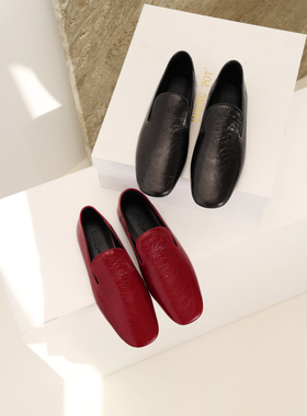 InkingPot彭姐 极简方头真皮乐福鞋女平底圆头一脚蹬百搭休闲单鞋