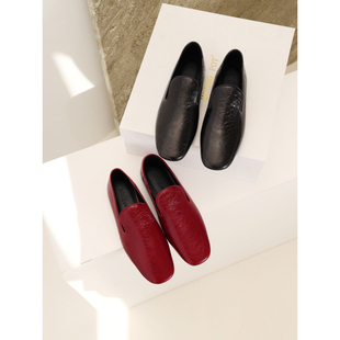 InkingPot彭姐 极简方头真皮乐福鞋女平底圆头一脚蹬百搭休闲单鞋