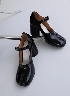 InkingPot彭姐 英伦风复古一字带tabi分趾猪蹄鞋真皮高粗跟单鞋女