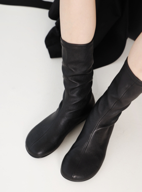 InkingPot彭姐 复古小众圆头真皮植鞣羊皮弹力靴女中筒瘦瘦靴短靴