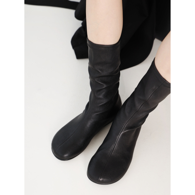 彭姐复古圆头真皮弹力靴女短靴