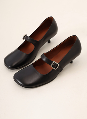 InkingPot彭姐 小众复古方头小猫跟单鞋女真皮一字带玛丽珍鞋女鞋
