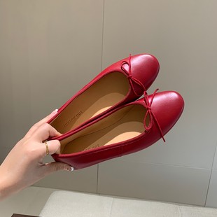 InkingPot彭姐 圆头温柔浅口平底软底蝴蝶结芭蕾鞋 真皮单鞋 女 法式