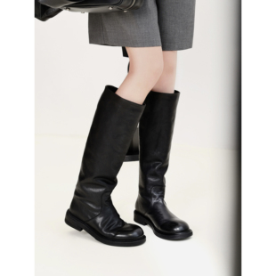 InkingPot彭姐 长期主义复古水洗马皮骑士靴女粗跟圆头高筒靴长靴