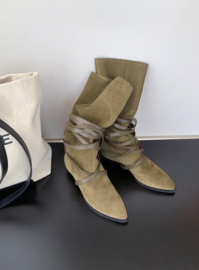 InkingPot彭姐 尖头绑带复古真皮中筒靴粗跟西部长筒靴女春季新款