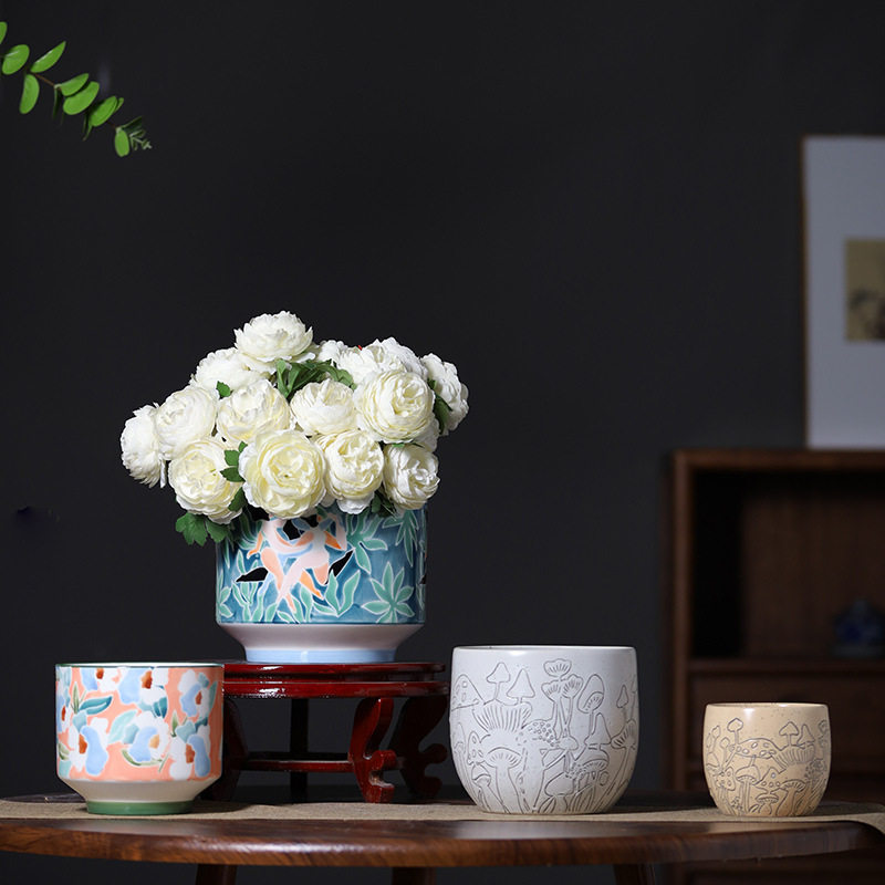 陶瓷花盆亚马逊直筒圆形蝴蝶兰绿萝多肉绿植花盆简约陶瓷室内