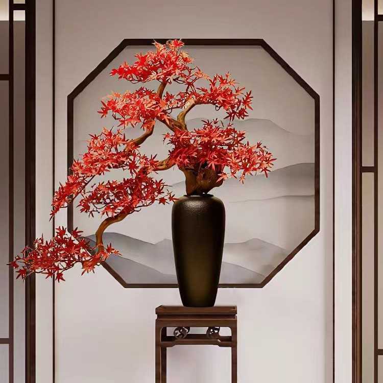 仿真绿植枫叶迎客松盆景实木
