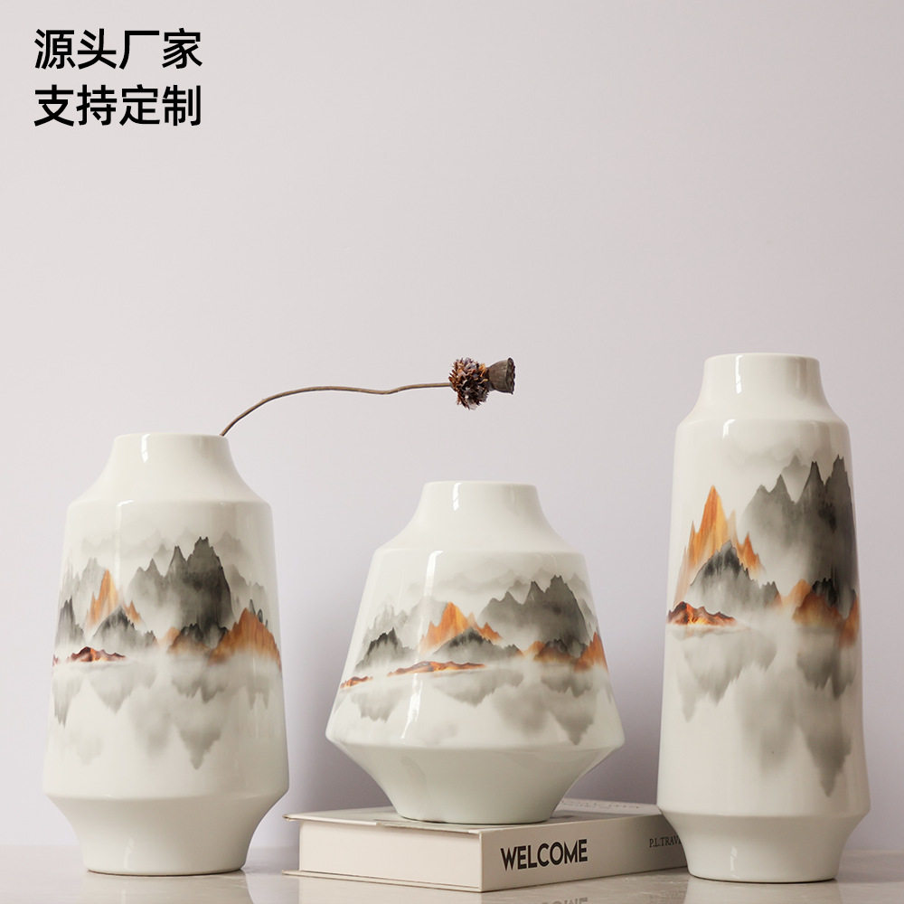 新中式贴花山水陶瓷花瓶样板房