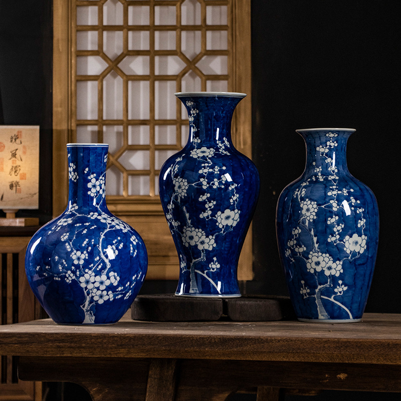 景德镇纯手绘青花瓷冰梅花瓶新中式客厅插花装饰品摆件陶瓷花瓶