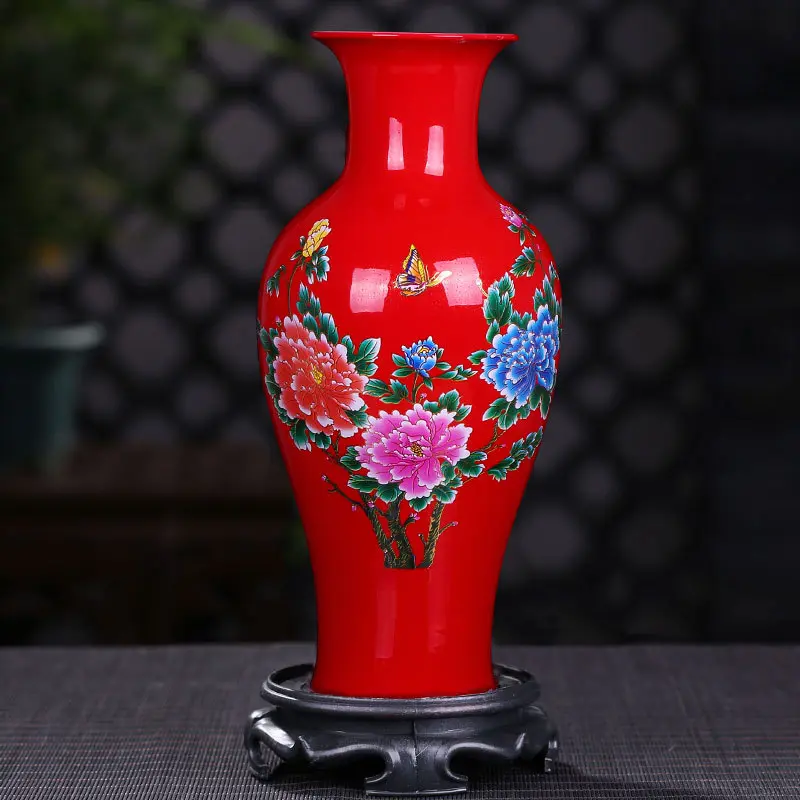 中国红陶瓷花瓶电视柜摆件颜色釉