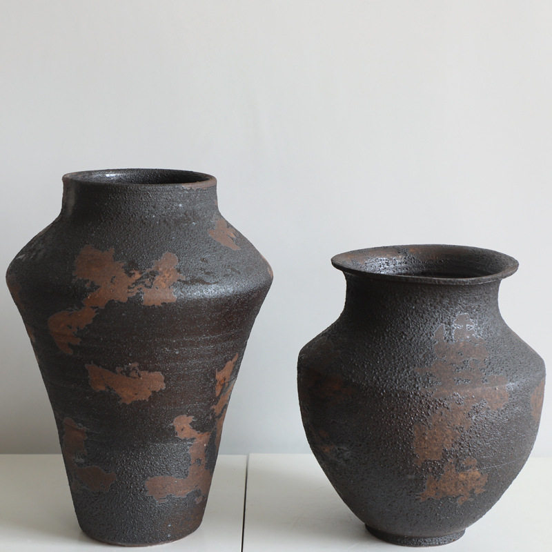 中古花瓶侘寂风枯枝复古粗陶瓷