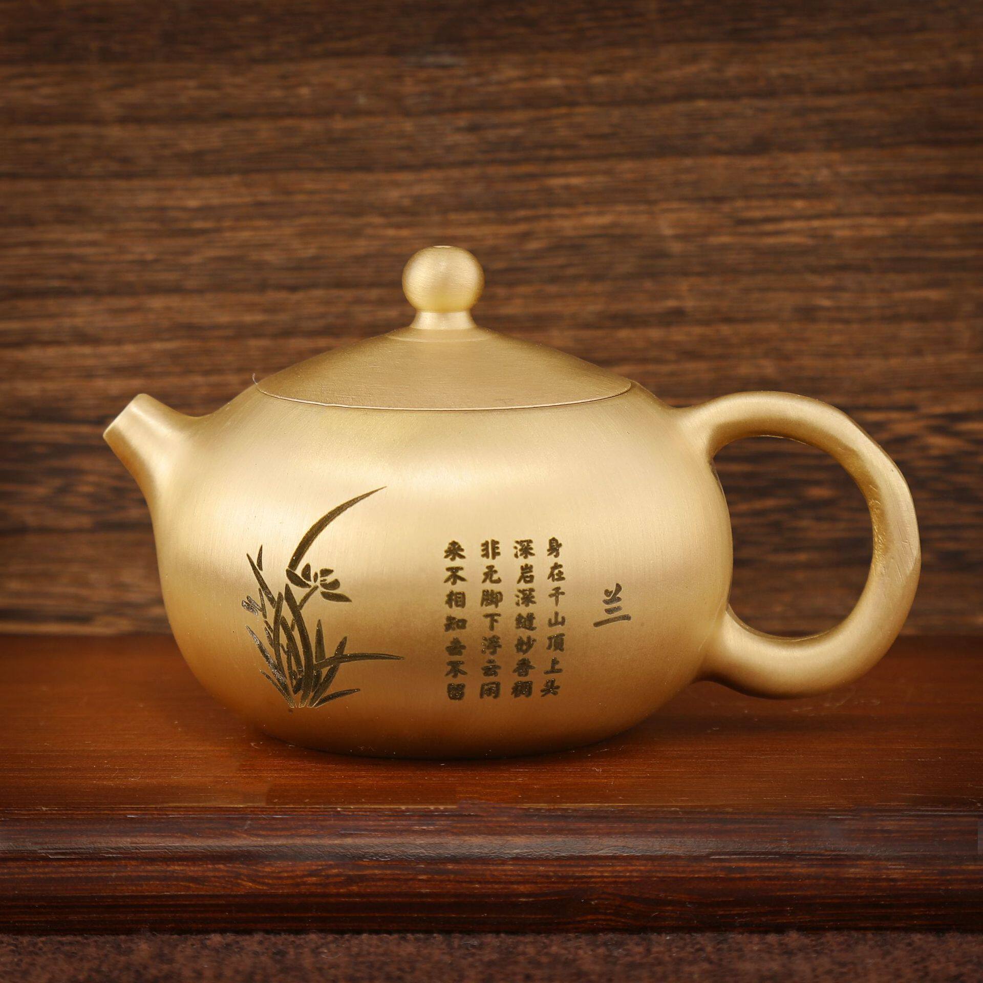纯黄铜居家家居兰花茶壶桌面摆件