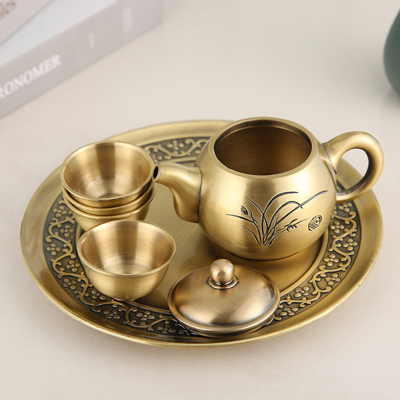 创意复古黄铜兰花茶具6件套摆件