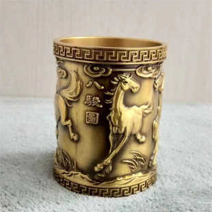 纯黄铜八俊马图铜笔筒摆件五牛图笔筒大展宏图笔筒办公室桌面摆件
