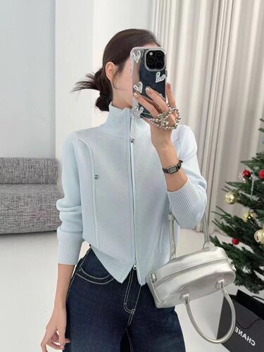 大码高级立领百搭毛衣开衫外套女春秋外搭针织双拉链上衣