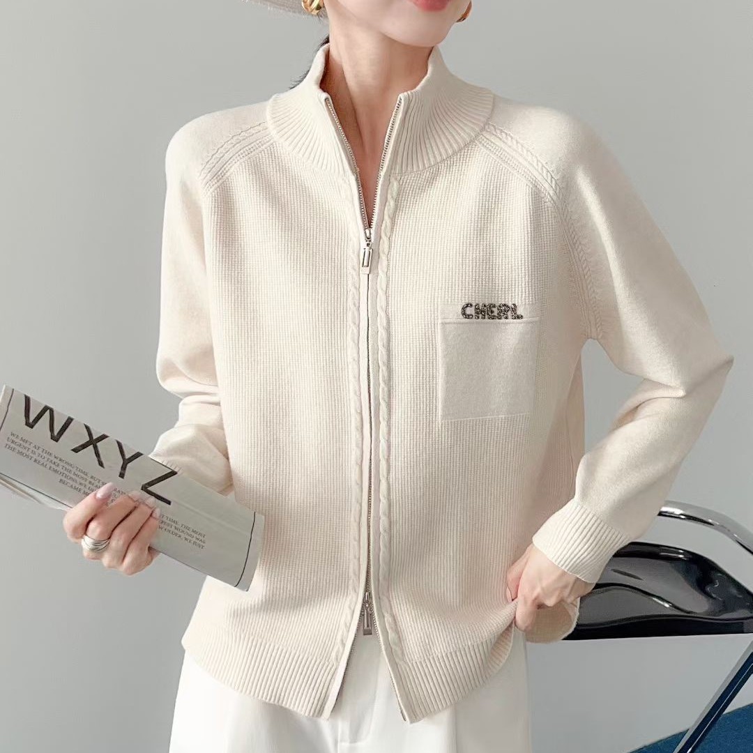 2025宽松型女插肩袖通勤毛针织衫纯色休闲烫钻秋季立领双拉链上衣