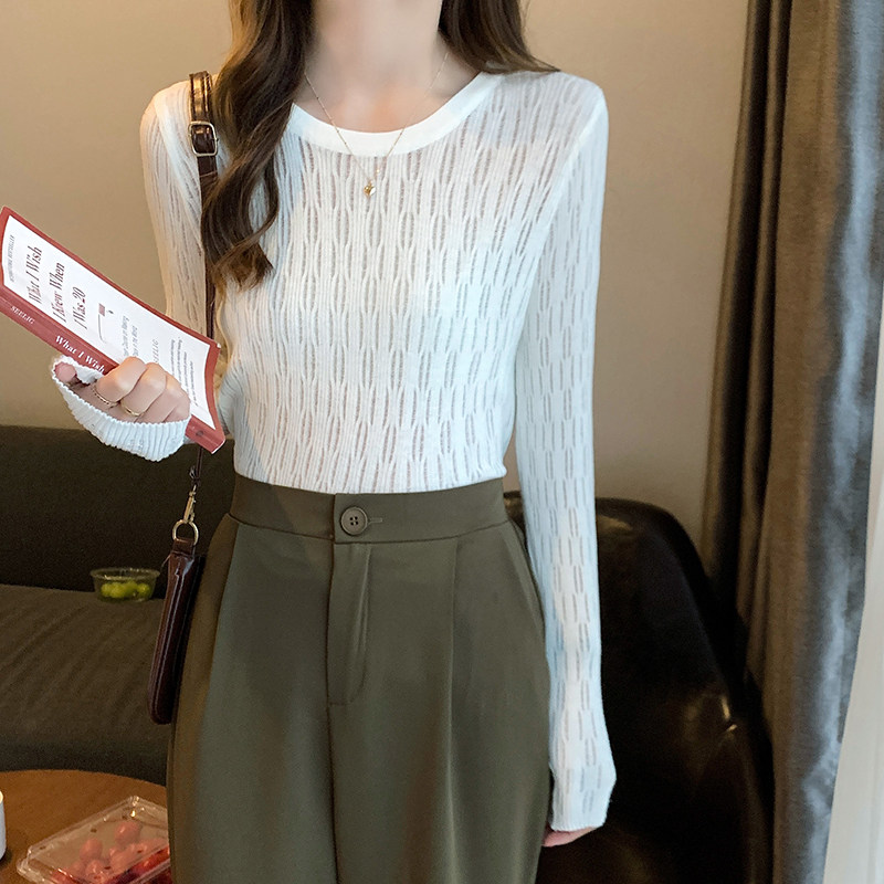 早秋新款纯色透视针织衫长袖打底衫百搭圆领毛衣女薄款气质上衣