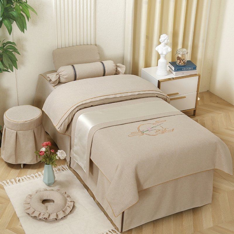 中式棉麻绒美容床罩四件套美容院专用带洞高端推拿理疗按摩定制