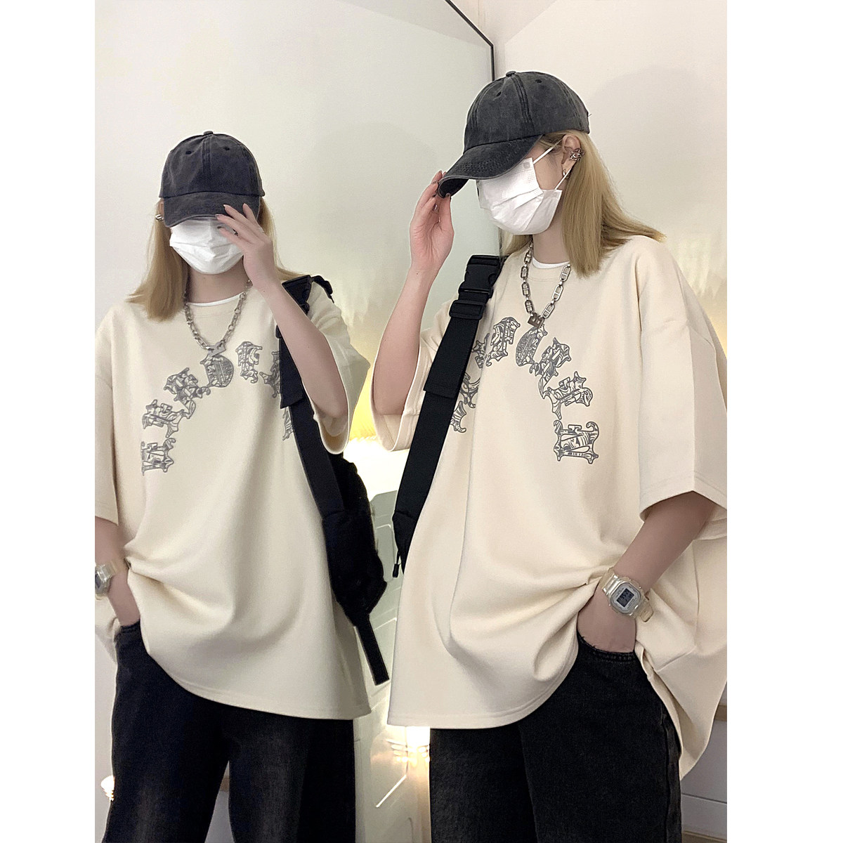 260克夏季美式复古暗黑高街风欧美印花圆领短袖T恤C307-T91-P38,男装T恤,电商C307