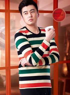 特价芬格兰时尚男士条纹保暖内衣套装 密丝绒圆领秋衣秋裤84293