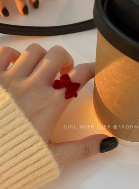 轻奢优雅红色丝绒蝴蝶结戒指女