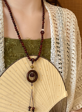 民族风长款红色莲花项链女新中式