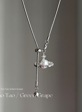 钛钢土星长款流苏项链女可抽拉轻奢高级感锁骨链小众挂脖颈链配饰