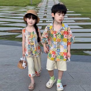 男女童夏季套装2025新款夏装儿童兄妹洋气短袖短裤两件套小女孩