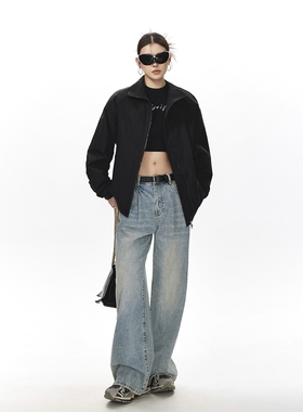 美式罗纹拼接袖子褶皱大码M5XL教练夹克女JK78056P69控105