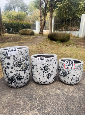 特价粗陶花盆庭院室内摆件现代简约黑花冰裂粗陶花盆
