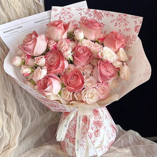 新款复古繁花鲜花包装纸印花防水膜伯爵午后红茶花束花艺diy材料