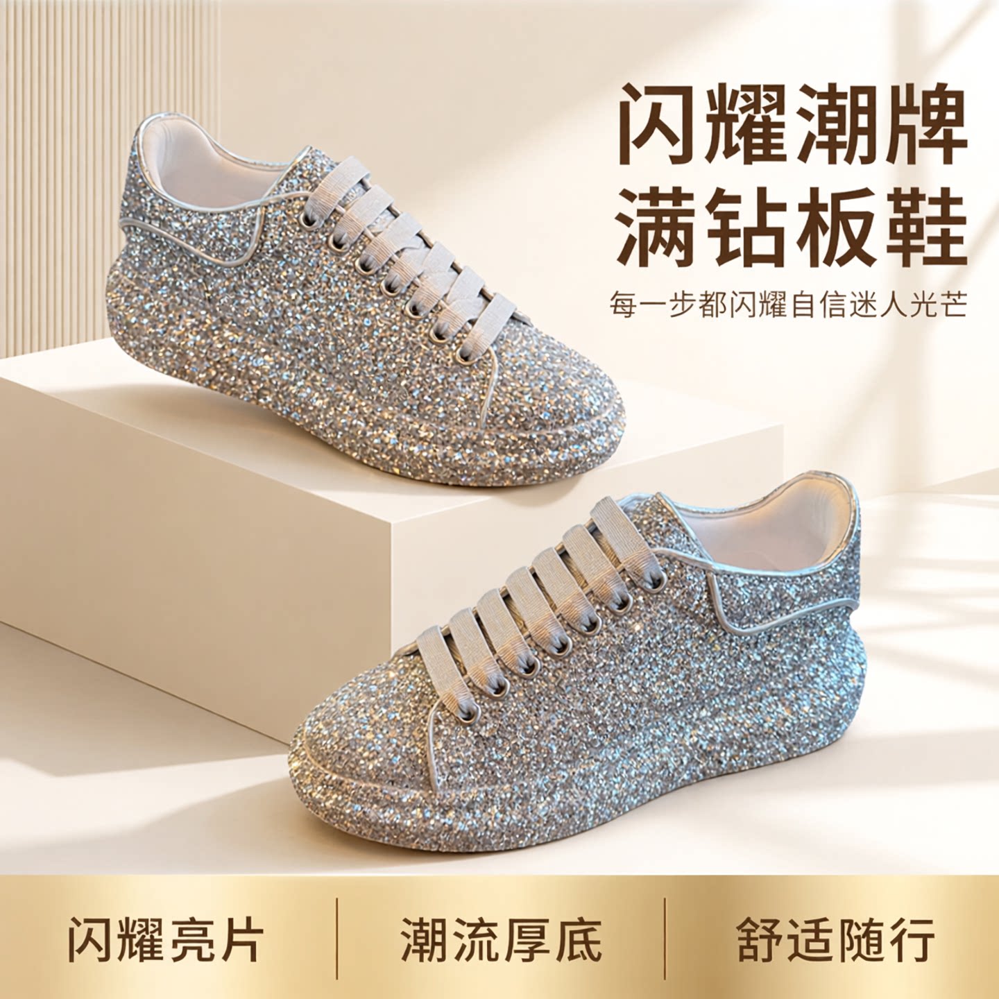 满钻时尚休闲板鞋男女厚底松糕潮流舒适潮牌系带亮片情侣运动鞋子