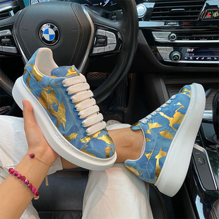 男鞋 韩版 新款 情侣松糕厚底运动休闲鞋 潮女 迷彩涂鸦小白鞋 欧美风格