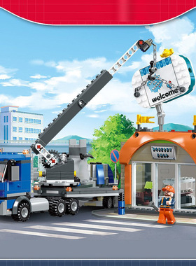 中国积木杰星城市街景系列安装广告牌吊车儿童益智拼装玩具55013