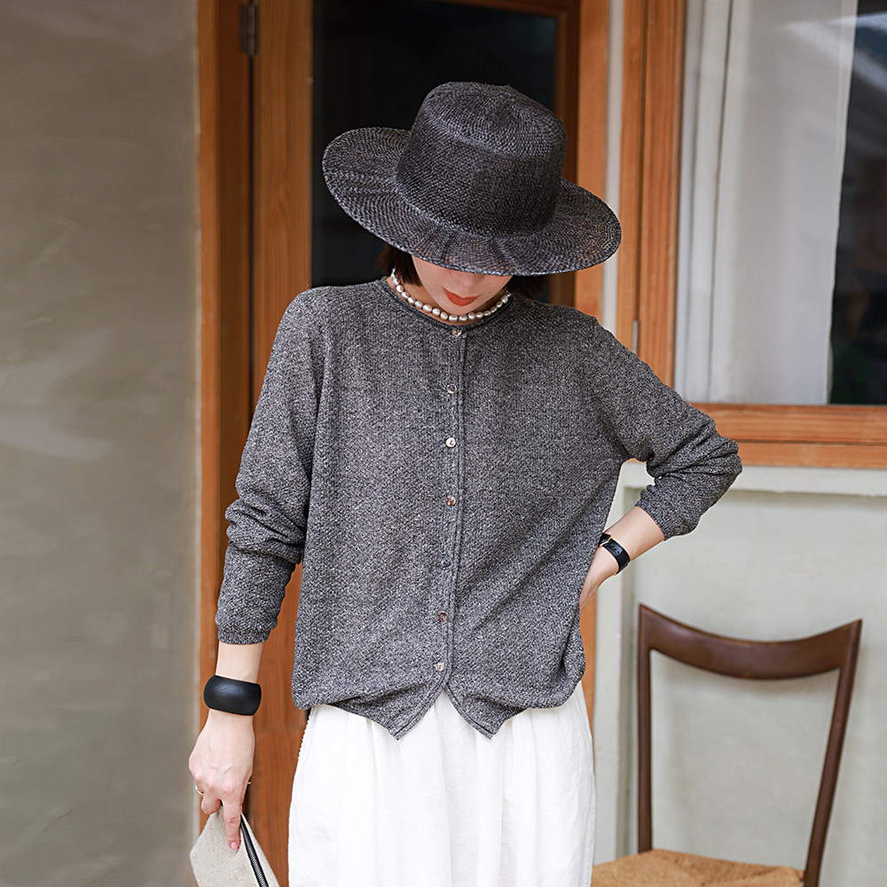 麻霖2024春秋新品亚麻莱赛尔桂花针垂坠爽滑小圆领长袖针织开衫