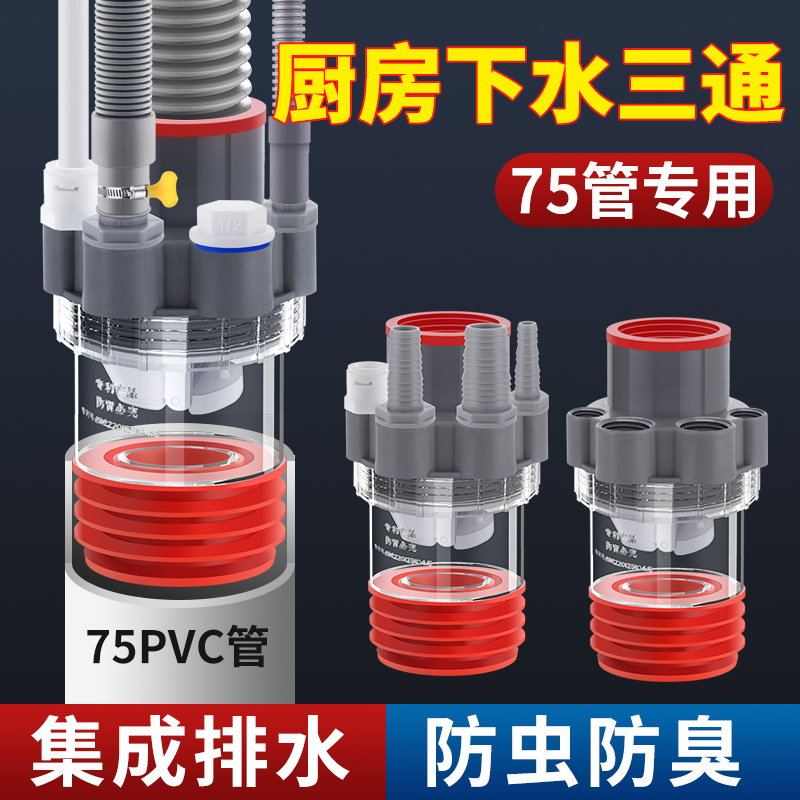 厨房下水管三通75排水管四通接头