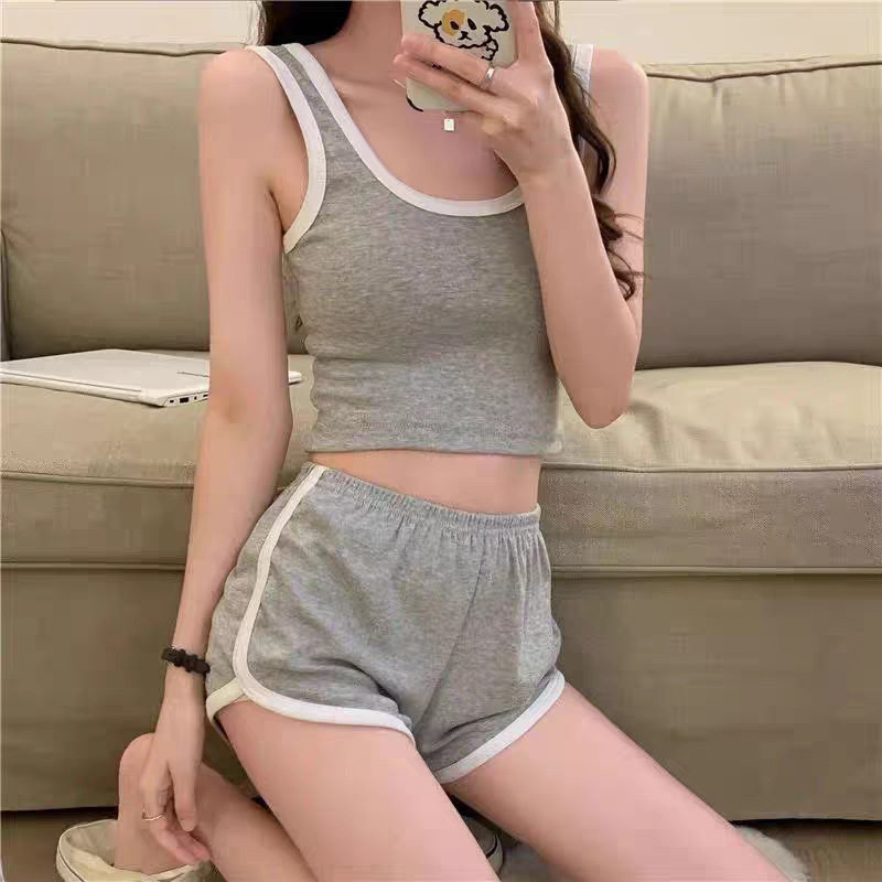 健身瑜伽服套装女休闲短款背心阔休闲运动套装