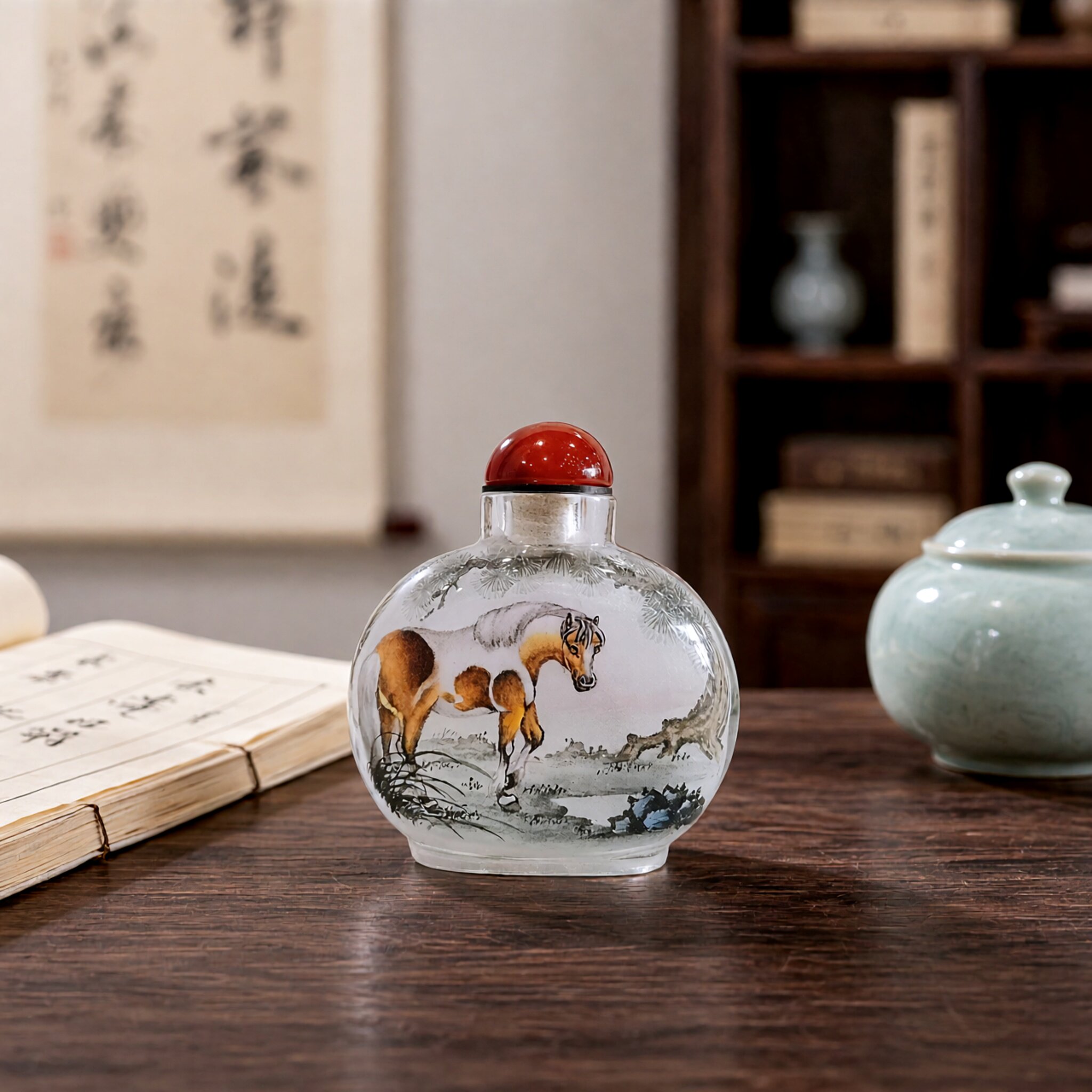 匠心独韵内画鼻烟壶马年生肖马白内画鼻烟壶