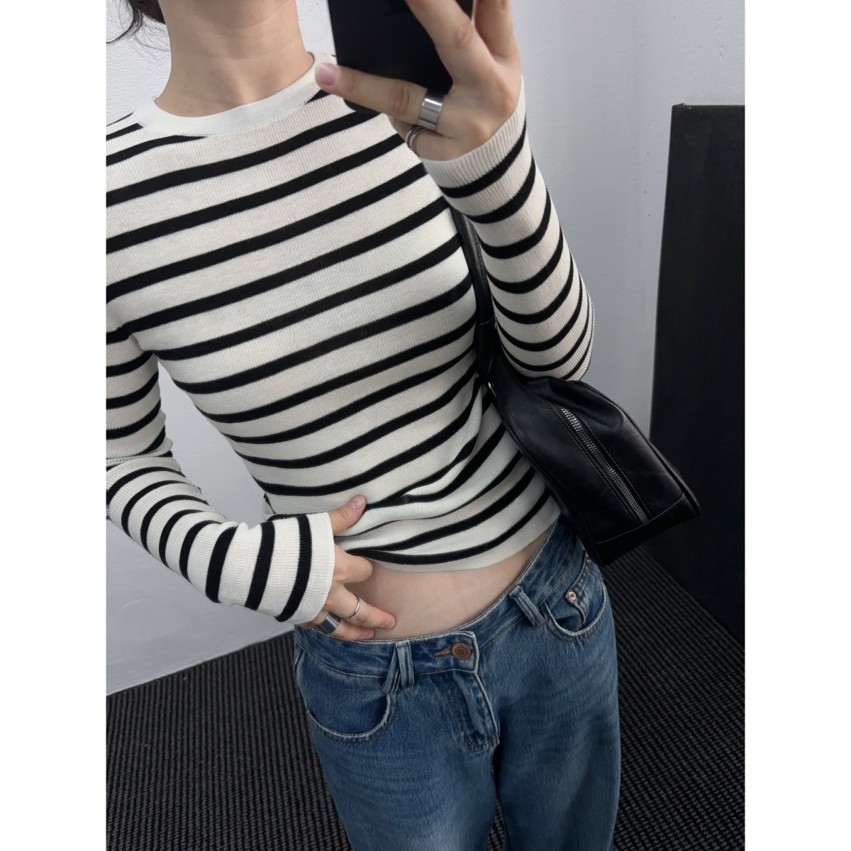 衣型满分小圆领撞色条纹修身内搭针织衫女羊毛混纺25套头毛衣长袖