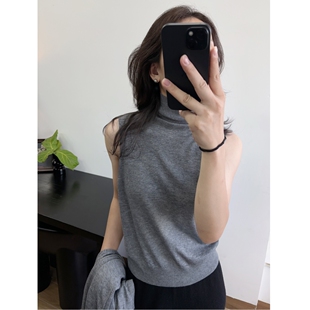 高品33超细羊毛混纺早秋高领无袖 上衣通勤针织百搭气质灰色松驰女