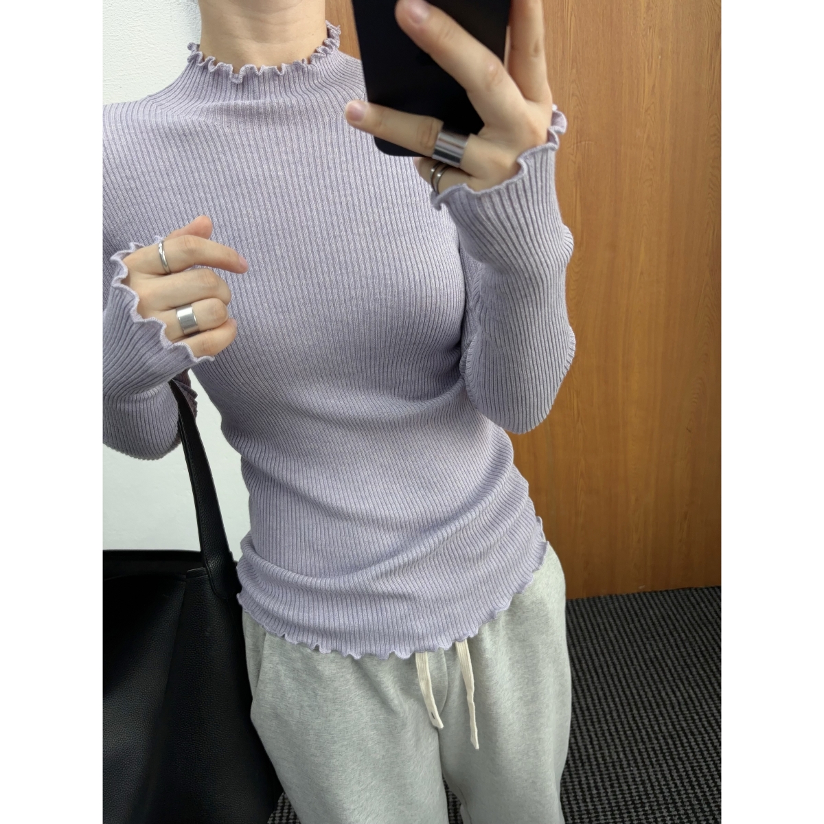 木耳衫纯欲修身套头打底内搭外穿女坑条针织上衣羊毛混纺高领长袖