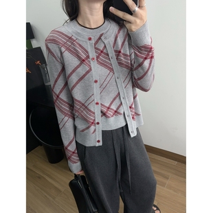 格纹两件套针织复古套装毛衣短袖开衫撞色羊毛混纺气质女上衣实拍
