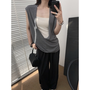 慵懒女 大牌感十足 Cozy Fit风极简深V领亚麻马甲罩衫 宽松休闲夏季